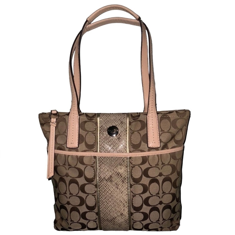 COACH SIGNATURE STRIPE PYTHON KHAKI TOTE